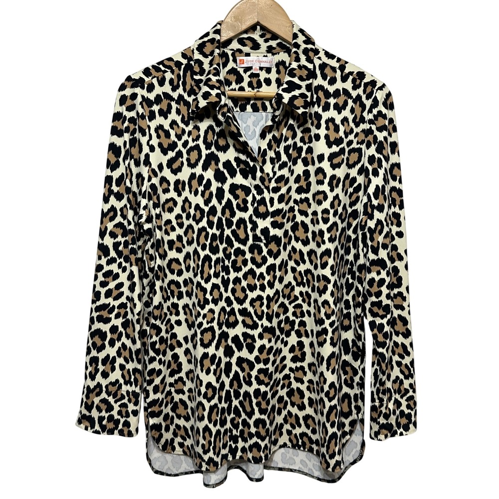Jude Connally Shirt Women XL Leopard Print Long Sleeve Stretch Blouse Preppy